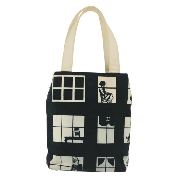 CHANEL windows Tote Bag Canvas Black White gold CC Auth - Picture 2 of 15